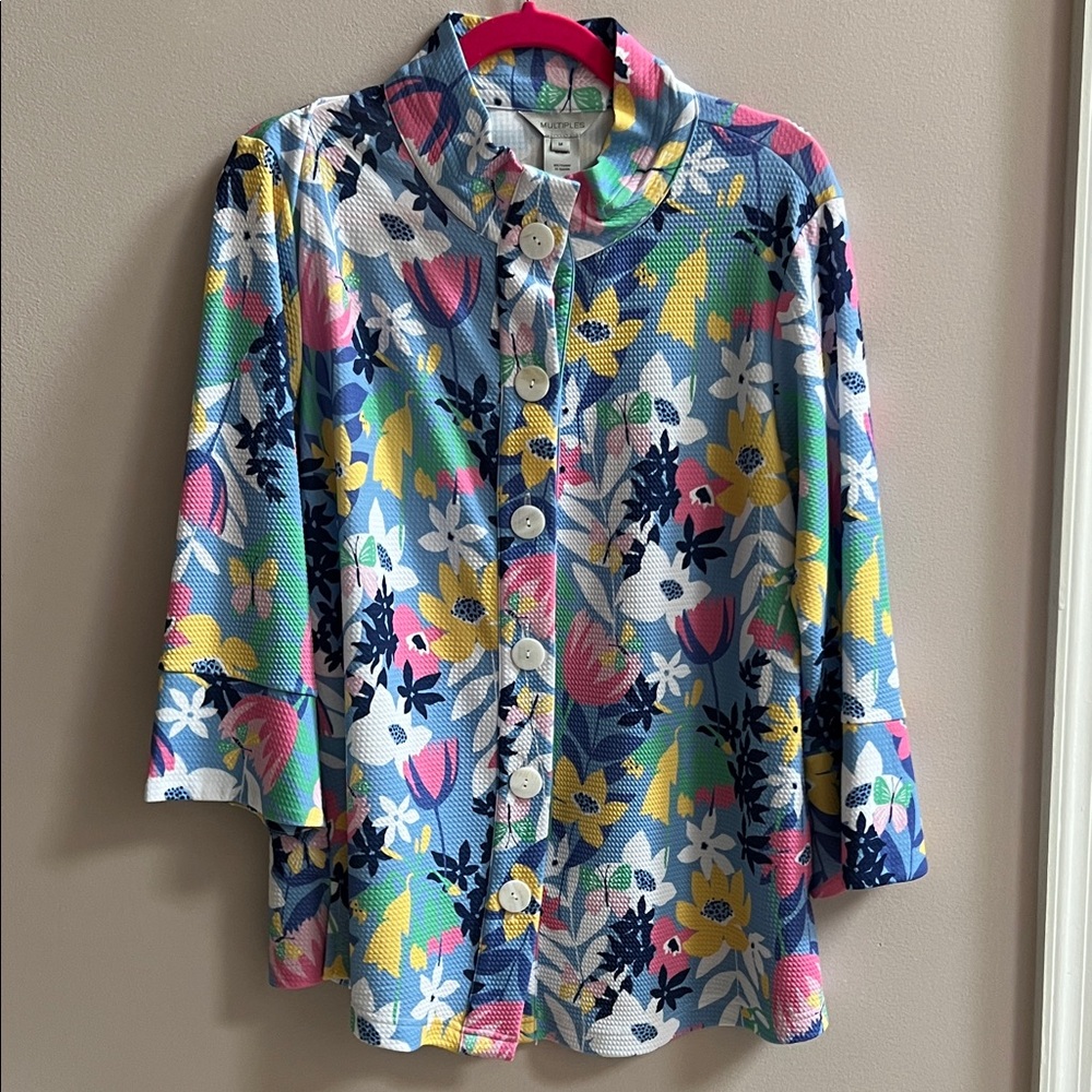 Multiples Vibrant Floral Button Down Shirt/Jacket 3/4 Length Sleeves